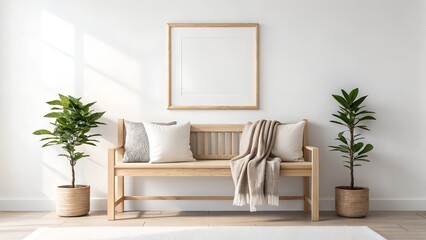 Modern living room with wooden bench and plants