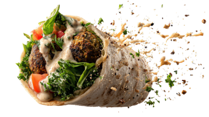 Delicious falafel wrap overflowing with fresh greens and sauce on a white isolated background.