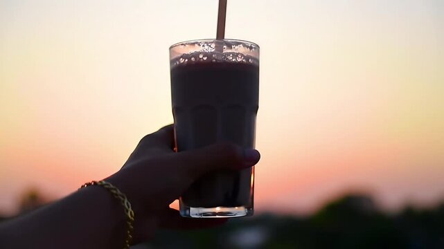 national milkshake day hand holding chocolate drink against vibrant sunset sky