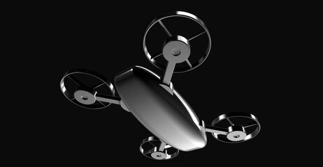 An innovative drone hovering in a dark setting with its propellers on display.