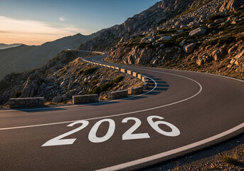 Winding mountain road with the year 2026 painted on the asphalt symbolizing the journey and future ahead