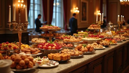 Elegant hotel breakfast buffet spread featuring rich foods, golden decor. Offers variety of pastries, fruits, sweets with warm lighting, ornate furnishings. Perfect for hospitality, events, cultural