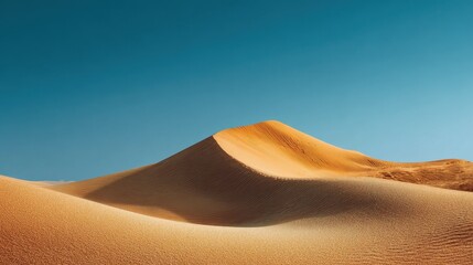 A 4K photo of golden sand dune rises gently against clear blue sky, evoking se.