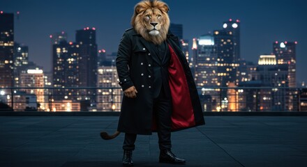 Obraz premium Lion-headed man in suit on city rooftop at night.