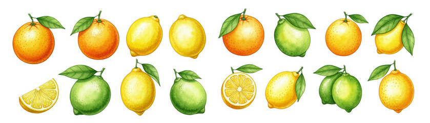 Vibrant collection of citrus fruits, including oranges, lemons, and limes with green leaves.