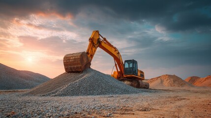A 4K photo of industrial excavator amidst gravel piles, construction zone - zone large earthworks aggregate.