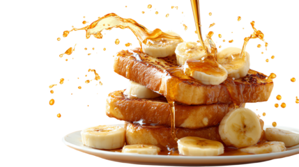 Delicious stack of French toast topped with banana slices and syrup, perfect for breakfast or brunch.