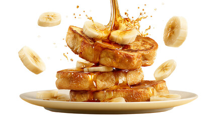 Delicious stack of French toast topped with sliced bananas and drizzled with syrup, perfect for breakfast.