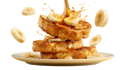 Delicious stack of French toast topped with sliced bananas and drizzled with syrup, perfect for breakfast.