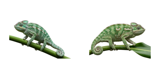 Chameleons climbing on green branches tropical forest animal natural habitat wildlife observation. Set PNG