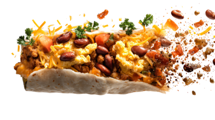 Delicious taco filled with beans, cheese, and fresh vegetables, presented with a vibrant explosion of ingredients.