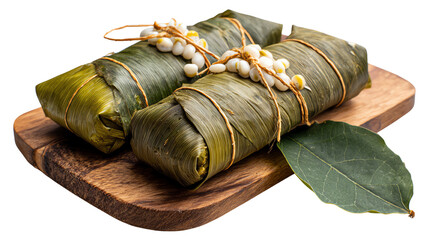 Delicious traditional rice dumplings wrapped in leaves, served on a wooden board with fresh herbs.