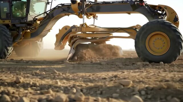 Heavy machinery grading soil in a rural environment on a sunny day