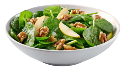 Fresh spinach salad with walnuts and apple slices in a white bowl, healthy and nutritious, isolated on white background.