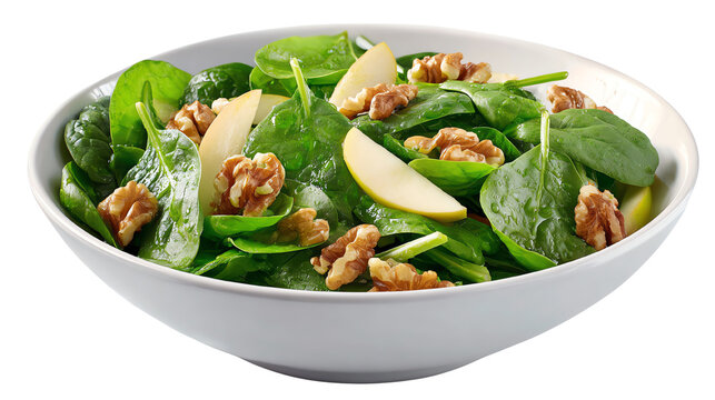 Fresh spinach salad with walnuts and apple slices in a white bowl, healthy and nutritious, isolated on white background.