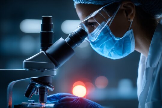 A woman wearing a lab coat and a mask is looking through a microscope - Powered by Adobe