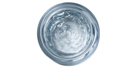 Top-down view of a clear, liquid cosmetic product, swirling within a glass jar