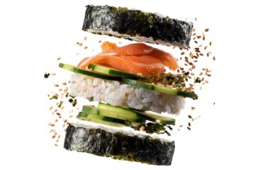 Sushi ingredients layered, showcasing salmon, cucumber, rice, and seaweed on a white background.