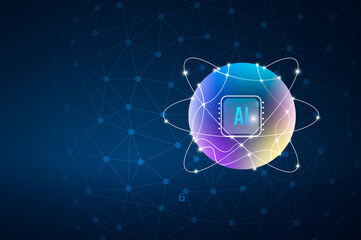 Artificial Intelligence (AI) concept with a glowing digital sphere and futuristic data network grid, representing machine learning, big data processing, and advanced neural networks in modern 