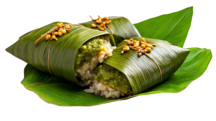 Traditional rice dumplings wrapped in bamboo leaves on a green leaf backdrop.