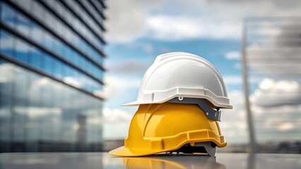 Construction hard hats stacked in front of modern buildings