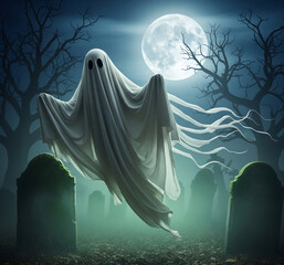 Floating Ghost in a Spooky Moonlit Graveyard