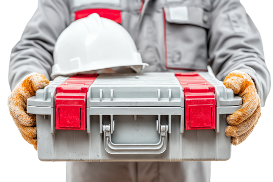 Worker holding a toolkit with a safety helmet, ready for a construction project.