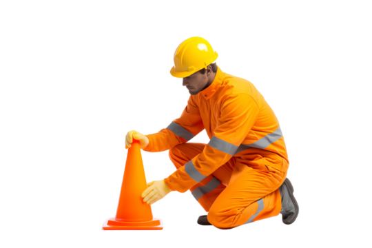 Worker in safety gear placing an orange traffic cone on the ground.