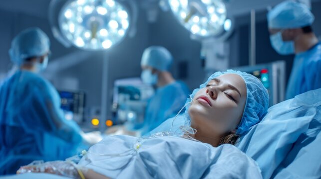 A woman is lying in a hospital bed with a doctor standing over her