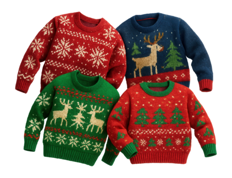 Festive ugly Christmas sweaters arranged.