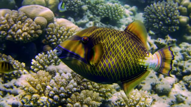 Underwater scene with triggerfish swimming near coral reef