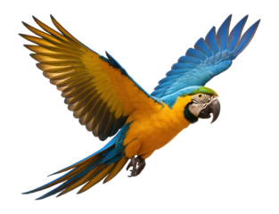 Colorful Blue and Gold Macaw parrot in flight.