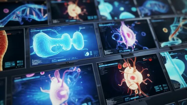 Multiple monitors displaying images of cells and dna structures