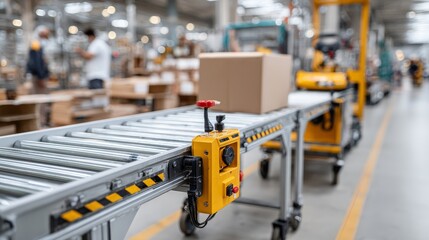 Efficient parcel delivery on roller conveyor systems in a warehouse detailed view of logistics environment
