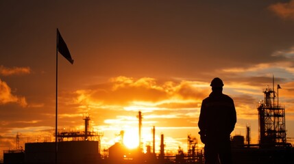Industrial worker silhouette at sunset