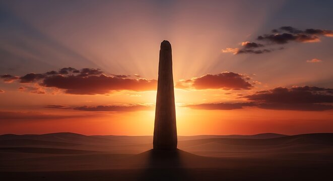 Dramatic sunset behind a solitary ancient obelisk in a vast desert landscape with dramatic clouds