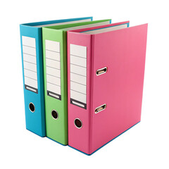 Three colorful ring binders blue green and pink standing upright isolated on transparent background