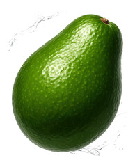 Avocado with water splashing around it, representing freshness and hydration.