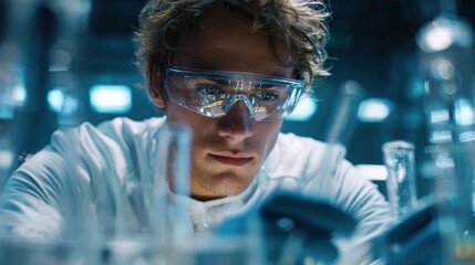 A man wearing a lab coat and goggles is looking at a computer screen