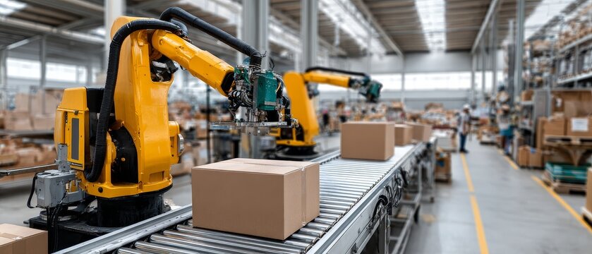 Automated parcel delivery system using robotic arms on conveyor roller in warehouse logistics environment