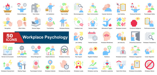 Workplace Psychology icon set. Containing burnout, emotional intelligence, conflict resolution, feedback loop, team conflict, impostor syndrome, quiet quitting, stress, trust, and work-life balance ic