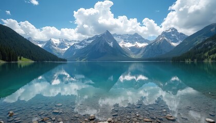 Majestic snow-capped mountains reflected in tranquil, crystal-clear lake under bright blue sky with fluffy white clouds. Serene water mirrors surrounding pine forests, rugged peaks, creating