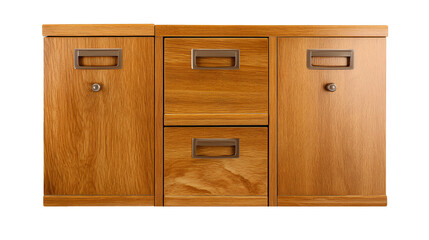 Fototapeta premium Antique wooden filing cabinet with brass handles isolated on transparent background