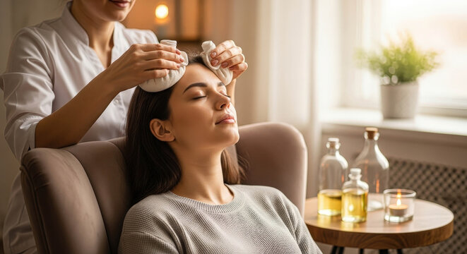 A woman receives a herbal compress massage on her head. Spa treatment for wellness and relaxation. Alternative medicine and therapy. - Powered by Adobe