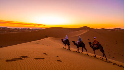 Fototapeta premium Desert nomads trek through vast dunes under warm orange sky, embodying resilience and tranquility