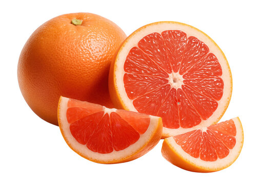 Pink grapefruit whole, halved, and sliced.