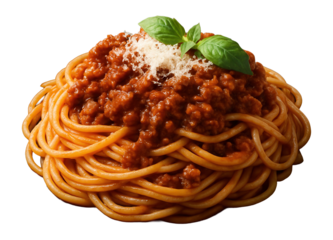 Top view of spaghetti bolognese on a dark ceramic plate.