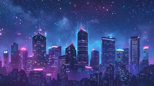 Neon cityscape at night under a starry sky.