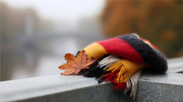 Woolen scarf in national colors draped over a stone bridge, autumn leaves caught in its folds.