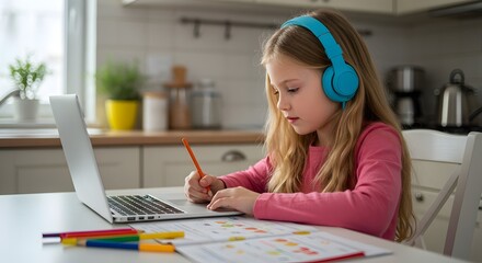 Focused young girl with blue headphones learning on laptop at kitchen table, representing modern homeschooling and digital education.